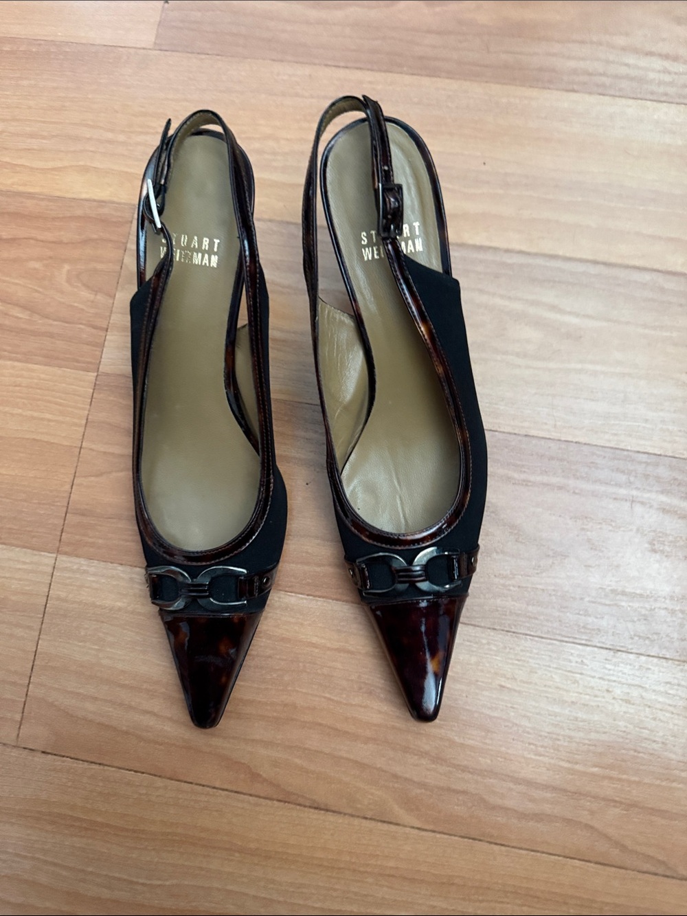 Stuart Weitzman Black & Tortoiseshell Pointed Slingbacks